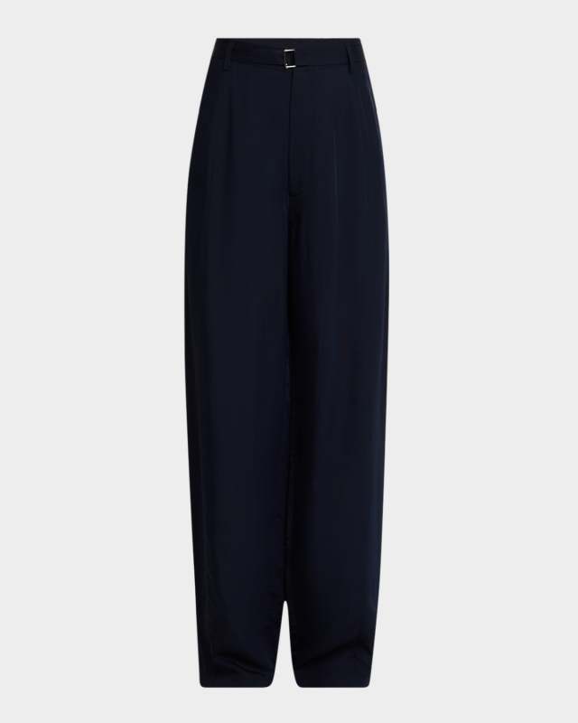 Drop-Crotch Pleated Straight-Leg Pants With Belt